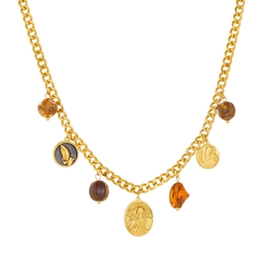 Vintage gold-plated stainless steel jewelry set with embossed charms and resin beads