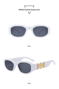 Detail of white sunglasses with grey lenses and gold metal medallion on the temples