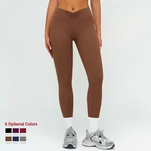 Legging de yoga taille haute en V marron chocolat, disponible en six coloris variés