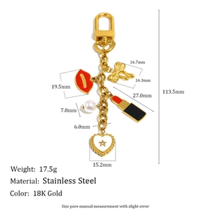 Porte-clés en acier inoxydable plaqué or 18K avec breloques lèvres et perles