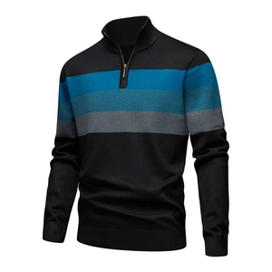Detailed knit texture of slim fit color-block sweater with half-zip stand collar