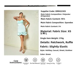Détail de la mini robe en satin vert menthe avec bretelles fines et ourlet à volants
