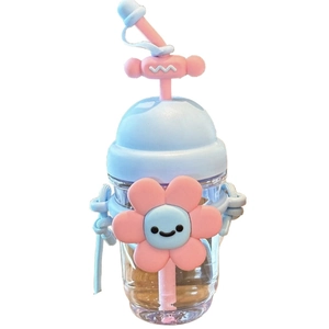 Cute sunflower straw water bottle with blue strap and pink flower for girls