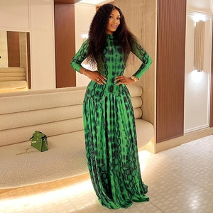Maxi dress with green chain print, long sleeves and waist-cinching pleated A-line skirt