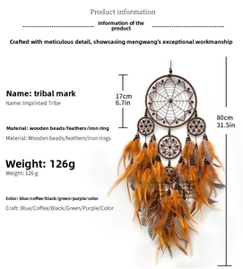 Detail view of handmade tribal dream catcher with feathers and dimensions 17cm by 80cm