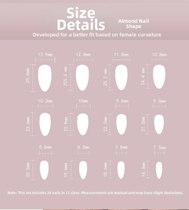 Detailed size guide chart showing dimensions for 24pcs sweet heart press-on nails