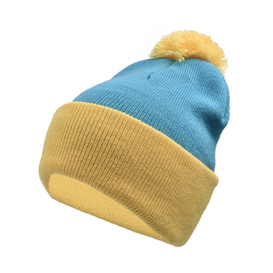 Close-up of winter knitted hat with warm blue and yellow textures and fluffy pom-pom
