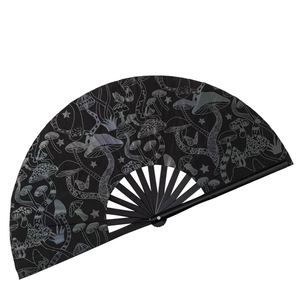 Detail of 33cm reflective bamboo folding fan with mushroom and butterfly patterns