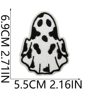 Ghost embroidery patch dimensions showing 6.9x5.5cm for Halloween DIY apparel decor