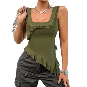 Chic olive green Y2K ruffle tank top for women styled with casual grey cargo pants