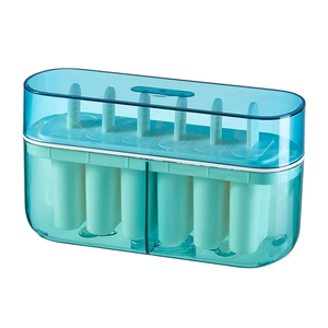 Reusable blue and green ice pop mold set with 6 slots and sticks on a white background