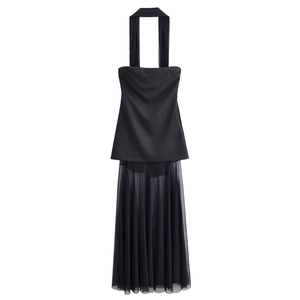 Abito Maxi Halter Mesh Tulle Patchwork Senza Maniche Schiena Scoperta Nero Elegante Festa Sera Clubwear Donne