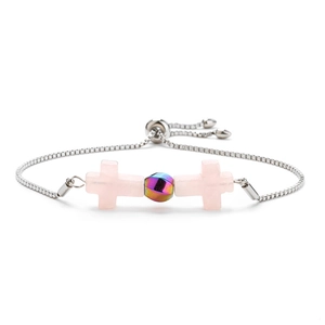 Adjustable stainless steel bracelet with pink stone crosses and iridescent bead