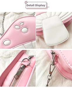 Close-up of pink PU mushroom bag showing quilted texture, silver zipper, and chain details