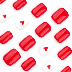 Glossy red and white heart-shaped press-on nails in short square shape for Valentine