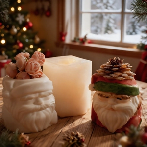 Detail of Santa Claus silicone mold showing white plaster and hand-painted pencil holder set
