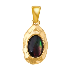 Macro shot of gold-plated teardrop pendant featuring iridescent abalone shell inlay