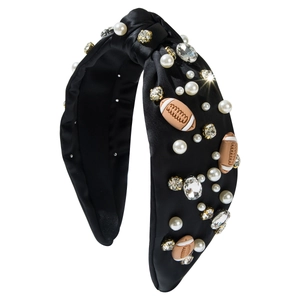 Fashionable knot headband in black satin with pearls, rhinestones, and football motifs