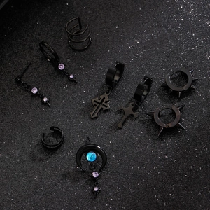 Gothic black stainless steel earring set with cross, moon charms and spike studs
