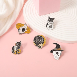 5-piece set of Halloween mystic enamel pins featuring black cats and gothic skull motifs