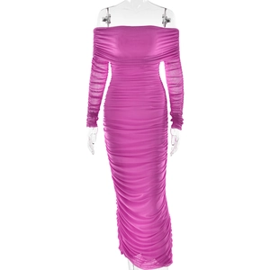 Detailed view of pink off-the-shoulder mesh dress with elegant ruched texture details