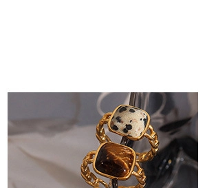 Close-up of vintage gold rings with Dalmatian Jasper and Tiger's Eye stones in square setting