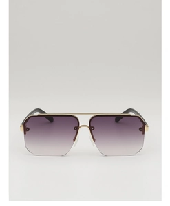 Detail of square browline sunglasses with gold metal frame and purple gradient lenses