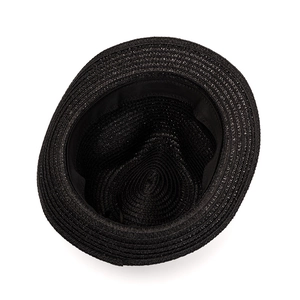 Detailed interior view of black straw sun hat showing inner weave and sweatband