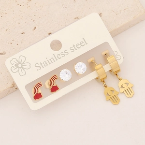Detailed set of three stainless steel earrings featuring rainbow, zircon, and hamsa charms
