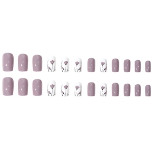 Short square purple press-on nails set with elegant white flower pattern design