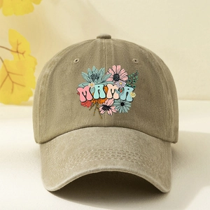 Vintage khaki cotton baseball cap featuring floral MAMA embroidery for outdoor wear