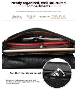 Detail of black pebbled leather handbag with multi-layer interior and anti-theft zip pocket