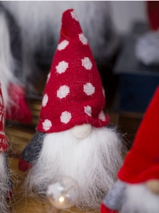 Macro detail of Christmas gnome hat stitching and soft white faux fur beard texture