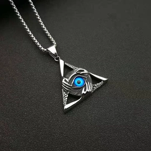 Hip-hop stainless steel triangle pendant necklace with blue devil eye and silver chain