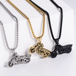 Hip hop motorcycle pendant necklaces in silver, gold, and black with metal chains