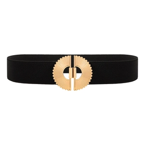 Chic black elastic waist belt for women with unique textured gold-tone circular buckle