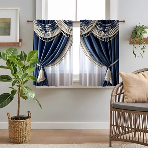 Detail of 2pcs blue kitchen curtains with elegant gold fringe tassels and layered valance
