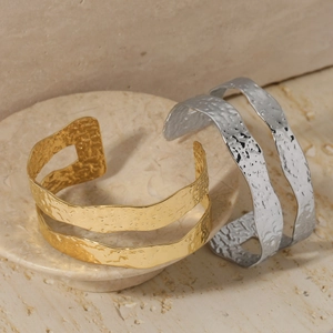Stainless Steel Double Layer Cuff Bracelet Irregular Hammered Texture Open Adjustable Bangle Punk Style Modern Jewelry