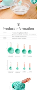 Detailed size chart for 8-piece measuring cups and spoons set with stainless steel handles