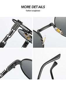 Close-up of steampunk round sunglasses featuring metal spring hinges and nose pads