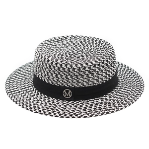 Summer woven boater hat with black and white texture and rhinestone M letter buckle
