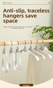 Detail of grey foldable clothes hangers showing space-saving design for non-slip drying