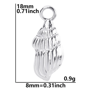 Macro view of silver conch pendant with precise dimensions 18mm by 8mm on white background