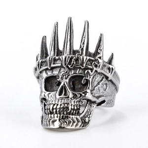 Classic silver stainless steel skull ring with crown, gothic punk style for men