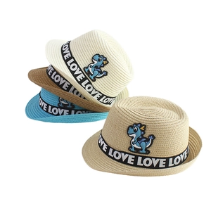 Kids summer straw fedora hat with cute dinosaur patch and LOVE ribbon for sun protection