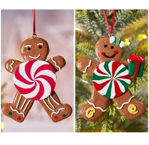 Detailed view of gingerbread man Christmas tree ornaments with 3D candy accents