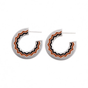 Minimalist geometric C-shaped hoop earrings with wavy orange and black enamel patterns