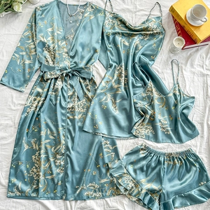 Ensemble pyjama 4 pièces en satin bleu à fleurs avec peignoir et nuisette sexy
