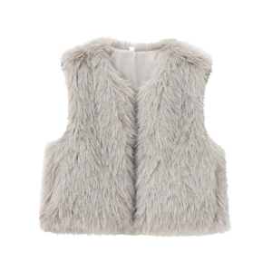 Fashionable light grey faux fur vest with sleeveless design on a white background