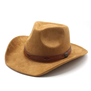 Classic brown faux suede fedora hat with embossed leather band and metal badge
